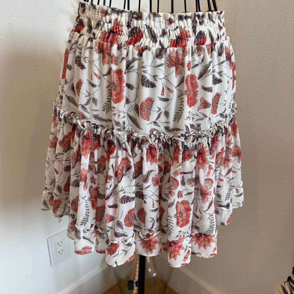 MISA Kahlo White Floral Tiered Ruffle Chiffon Mini Skirt Medium - Picture 3 of 10